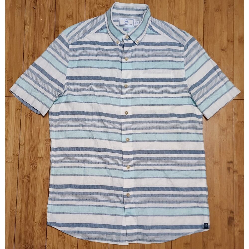 Southern Tide Linen/Rayon Short Sleeve Button Down Shirt Mens Small Blue Striped